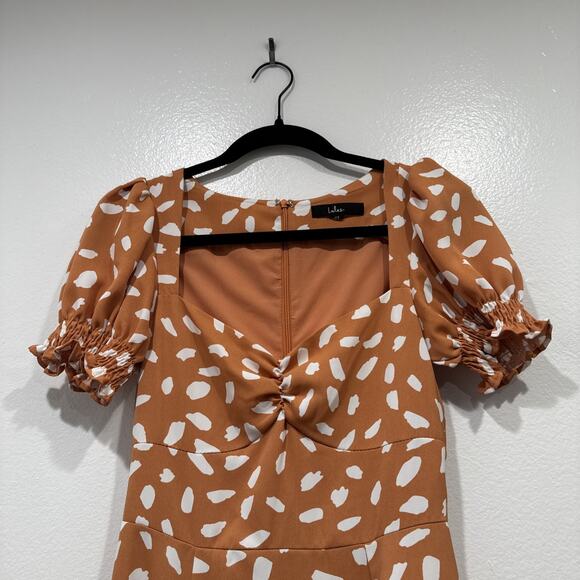 Lulus Orange Print Oh My Darlin’ Puff Sleeve Mini Dress Size XS Coquette Retro - Picture 2 of 8